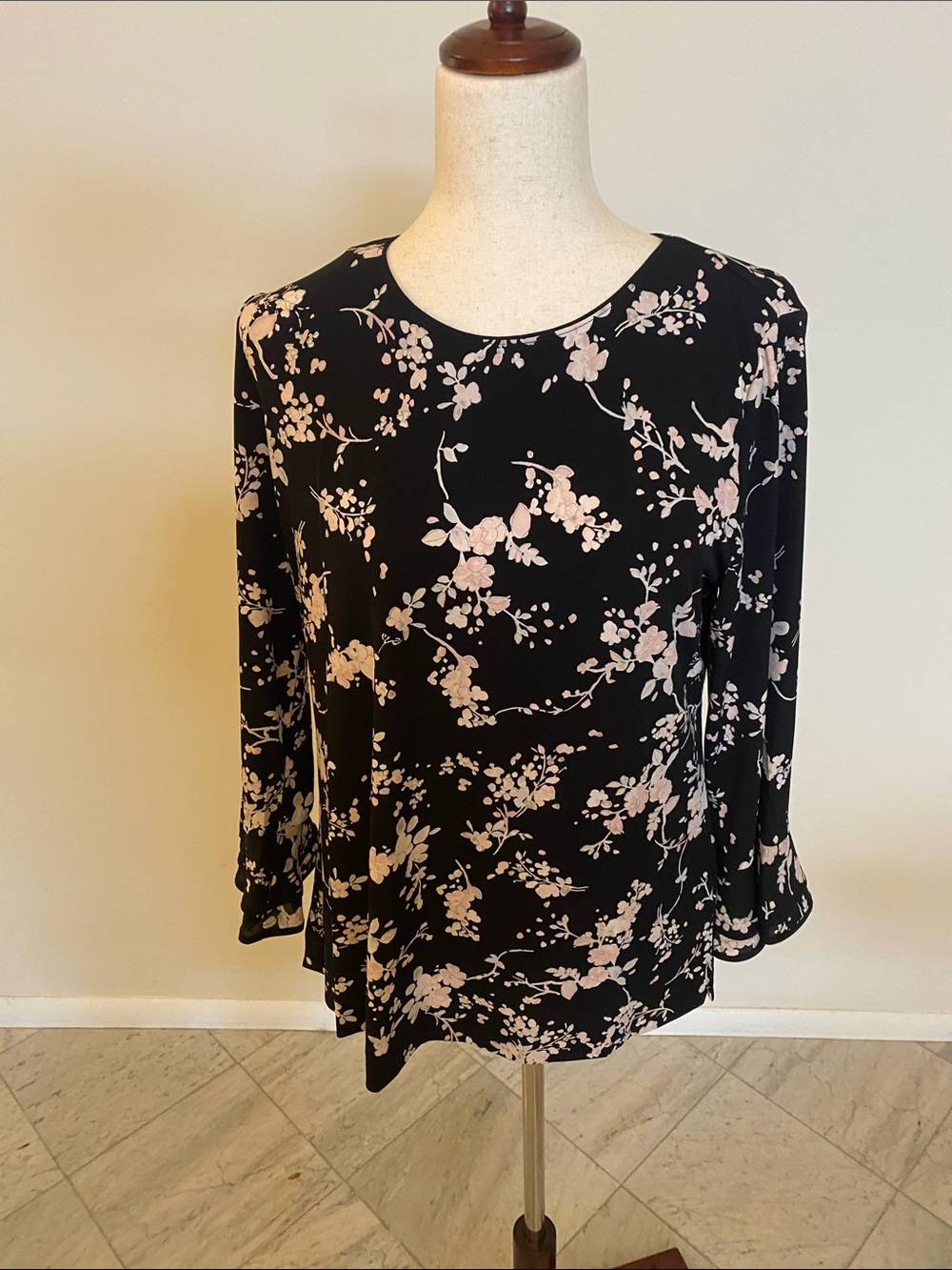 Karl Lagerfeld Black Long-Sleeve Floral Blouse with Pale Pink Print